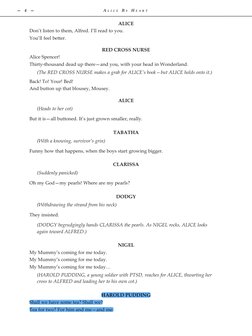 —  4  — 	
A l i c e  B y  H e a r t 	
ALICE
Don’t listen to them, Alfred. I’ll read to you.
You’ll feel better.
RED CROSS NUR