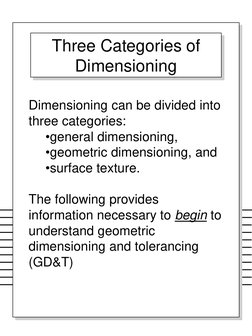 Dimensioning can be divided into 
three categories:  
•general dimensioning, 
•geometric dimensioning, and 
•surface texture.