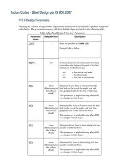 Indian Codes - Steel Design per IS 800:2007
11F.4 Design Parameters
The program contains a large number of parameter names wh