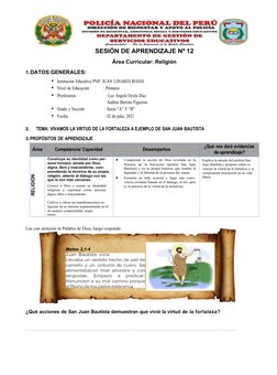 1.DATOS GENERALES:
SESIÓN DE APRENDIZAJE Nº 12
Área Curricular: Religión
•
Institución Educativa PNP: JUAN LINARES ROJAS
•
Ni