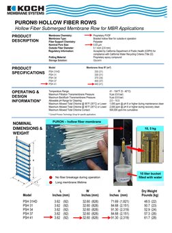 PURON® HOLLOW FIBER ROWS
Hollow Fiber Submerged Membrane Row for MBR Applications
NOMINAL
DIMENSIONS &
WEIGHT
