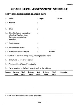 Format-Il
GRADE LEVEL ASSESSMENT SCHEDULE
SECTION-I: SOCIO DEMOGRAPHIC DATA
1.1 Name:
1.2 Age:
1.3 Sex:
1.4 Address
1.5 Class