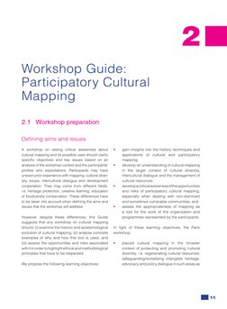 11
2
Workshop Guide: 
Participatory Cultural 
Mapping
2.1 Workshop preparation
Deﬁ ning aims and issues 
A workshop on raisin
