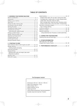 3
1.	 KNOWING YOUR SEWING MACHINE
Machine identification--------------------------------------------------6 - 7
Accessories--