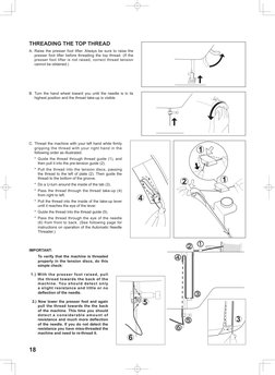 18
THREADING THE TOP THREAD
A. 	Raise the presser foot lifter. Always be sure to raise the 
presser foot lifter before thread