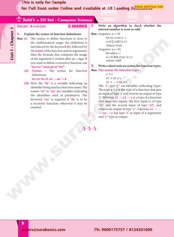 
8
 Sura’s ➠ XII Std - Computer Science
Unit I - Chapter 1
Short Answers
3 MARKS
1.	
Explain the syntax of function defin