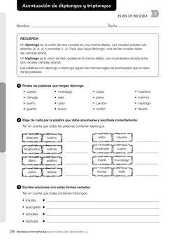 248
MATERIAL FOTOCOPIABLE © 2019 SANTILLANA EDUCACIÓN, S. L.
Acentuación de diptongos y triptongos
RECUERDA
Un diptongo es la