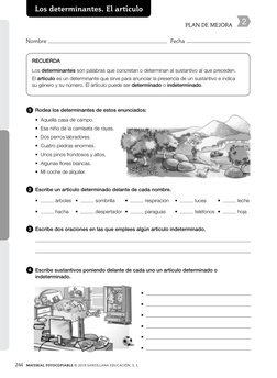 244
MATERIAL FOTOCOPIABLE © 2019 SANTILLANA EDUCACIÓN, S. L.
Los determinantes. El artículo
RECUERDA
Los determinantes son pa
