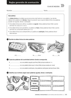245
MATERIAL FOTOCOPIABLE © 2019 SANTILLANA EDUCACIÓN, S. L.
PLAN DE MEJORA
2
Nombre 
  Fecha 
   
RECUERDA
La sílaba tónica