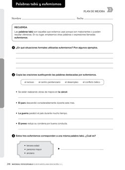 246
MATERIAL FOTOCOPIABLE © 2019 SANTILLANA EDUCACIÓN, S. L.
Palabras tabú y eufemismos
RECUERDA
Las palabras tabú son aquell