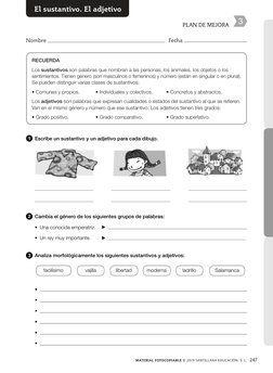 247
MATERIAL FOTOCOPIABLE © 2019 SANTILLANA EDUCACIÓN, S. L.
PLAN DE MEJORA
3
Nombre 
  Fecha 
   
RECUERDA
Los sustantivos s