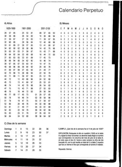 Calendario Perpetuo  
A) Arios 
B) Meses 
1829-1900 
1901-2000 
2001-2100 
EFMAMJ JASOND 
29 
57 
85 
25 
53 
81 
09 
37 
65