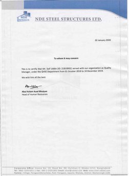 NDE STEEL STRUCTURES LTD.  
02 January 2020 
To whom it may concern 
This is to certify that Mr. Saif Uddin (10: 21810002) se