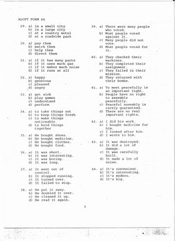 ALCPT
FORM 64
29.
a)
in
a small city
b)
in
a
large
city
c)
at
a
country
motel
d)
at
a
roadside
park
30.
a)
pay
them
b)
watch