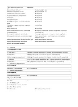 Dosis dérmica en conejos LD50 
 20800 mg/kg 
Erosión/irritación de la piel 
: No clasificado (pH:  11). 
Daños/irritación