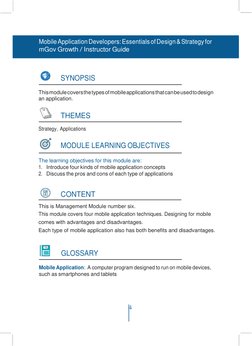 4 
 
Mobile Application Developers: Essentials of Design & Strategy for 
mGov Growth / Instructor Guide 
 
 
 
 
 
 
SYNOPSIS