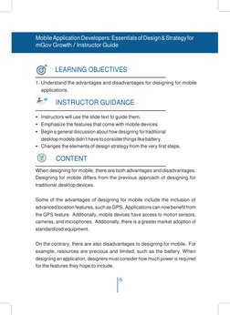 6 
 
Mobile Application Developers: Essentials of Design & Strategy for 
mGov Growth / Instructor Guide 
 
 
 
 
 
 
LEARNING