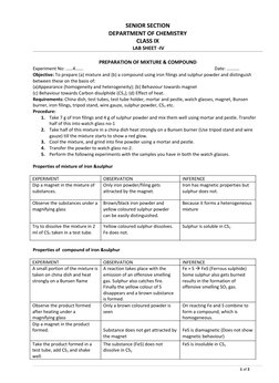 SENIOR SECTION
DEPARTMENT OF CHEMISTRY
CLASS IX
 LAB SHEET -IV
PREPARATION OF MIXTURE & COMPOUND
Experiment No: ……4…….
 Date:
