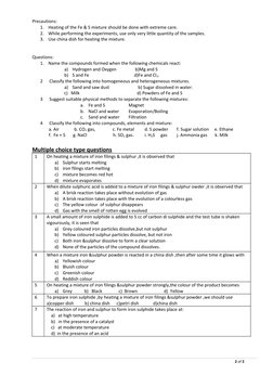 Precautions: 
1.
Heating of the Fe & S mixture should be done with extreme care.
2.
While performing the experiments, use onl