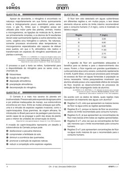 4
simulado
CN - 2o dia | Simulado ENEM 2024
2024
Questão 96 	
Apesar de abundante, o nitrogênio é encontrado na 
natureza maj