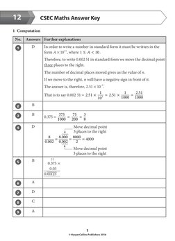 1
© HarperCollins Publishers 2016
12
CSEC Maths Answer Key
1 Computation
No.
Answers
Further explanations
1
D
In order to wri