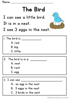 The Bird 
I can see a little bird.  
It is in a nest.   
I see 3 eggs in the nest.  
1.  The bird is ___________.