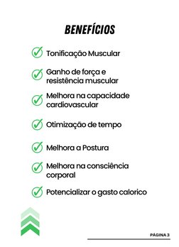 BENEFÍCIOS
Tonificação Muscular
Ganho de força e 
resistência muscular
Melhora na capacidade
cardiovascular
Otimização de tem