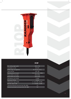 Min. working weight, kg (lb)
Tool diameter, mm (in)
Oil flow range, l/min (gal/min)
Impact rate, bpm
Operating pressure, bar