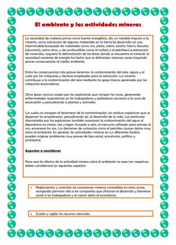 El ambiente y las actividades mineras 
La necesidad de materia prima como fuente energética, dio un notable impulso a la 
min