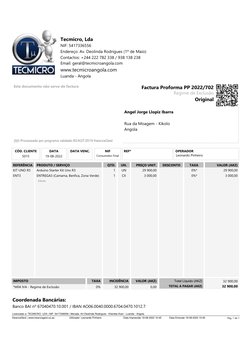 Rua da Moagem - Kikolo
Angola
OPERADOR
REFª
Leonardo Pinheiro
DATA VENC.
DATA
NIF
Consumidor Final
19-08-2022
CÓD. CLIENTE
50