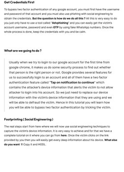 Get Credentials First
To bypass two factor authentication of any google account, you must first have the username
and passwor