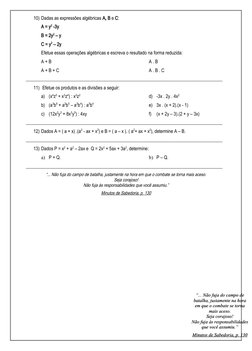 Atividades de Monômios e Polinômios 9º Ano | PDF | Matemática | Álgebra