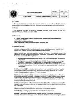 Page No.:
Page
1 of 13
LICENSING PROCESS
Revision No.:
02
DOH-SOP-01
Quality Core Procedure|
Effectivity:
12/23/2019
1.0 Purp