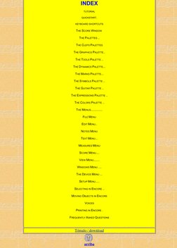INDEX
TUTORIAL
QUICKSTART..
KEYBOARD SHORTCUTS
THE SCORE WINDOW 
THE PALETTES ..
THE CLEFS PALETTES
THE GRAPHICS PALETTE..
TH