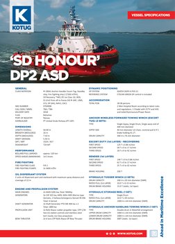 VESSEL SPECIFICATIONS 
GENERAL
CLASS NOTATION	
X 100A1 Anchor Handler Escort Tug, Standby
 
ship, Fire Fighting ship 2 (7200