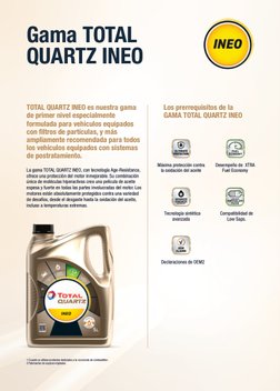 Gama TOTAL          
QUARTZ INEO
TOTAL QUARTZ INEO es nuestra gama 
de primer nivel especialmente 
formulada para vehículos e