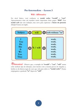 7 
Pre-Intermediate  - Lesson 3 
Will - Affirmative  
No nível básico, você conheceu os modal verbs: “would” e “can”. 
Ap