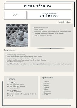 FICHA TÉCNICA
PVC
TIPO DE MATERIAL
Polímero termoplástico
Aislante natural
Resistente al ataque de insectos, bacterias, hongo
