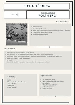 FICHA TÉCNICA
TEFLÓN
TIPO DE MATERIAL
Polímero inerte
Material antiadherente
Puede aplicarse en diversas superficies adaptánd