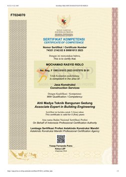 8/2/23, 8:22 AM
Sertifikat SKK MOCHAMAD RASYID RIDLO
F7024070
Nomor Sertifikat / Certificate Number
74321 2142.02 8 00081013