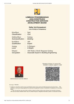 8/2/23, 8:22 AM
Sertifikat SKK MOCHAMAD RASYID RIDLO
LEMBAGA PENGEMBANGAN
JASA KONSTRUKSI
CONSTRUCTION SERVICES
DEVELOPMENT B