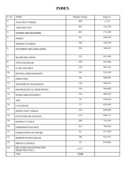 INDEX
S. No
TOPIC
Number of Que.
Page no.
1.
ANALOGY VERBAL
808
1-115
2.
ODD ONE OUT
402
116-170
3.
CODING AND DECODING
461
1