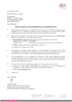 IDA
SINGAPORE
18th November 2011
IDA.PLNG.IU2011 / 62090
IT MANAGER
WINCEL IT. SOLUTIONS
40C HONGKONG STREET
SINGAPORE 059679