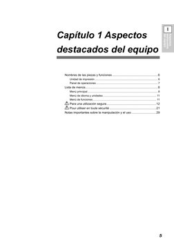 1
Aspectos 
destacados 
del equipo
5
Nombres de las piezas y funciones.......................................................