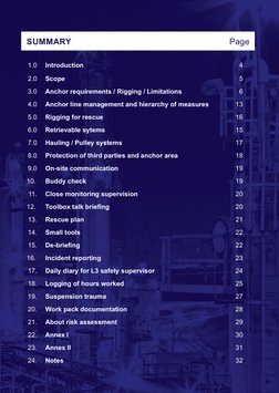 3
ROPE ACCESS GENERIC WORK GUIDANCE
SUMMARY  	
Page
	1.0	
Introduction	
4
	2.0	
Scope	
5
	3.0	
Anchor requirements / Rigging