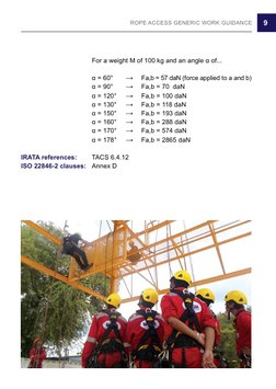 9
ROPE ACCESS GENERIC WORK GUIDANCE
	
	
For a weight M of 100 kg and an angle α of... 
	
	
α = 60°		
→ 	 Fa,b = 57 daN (force