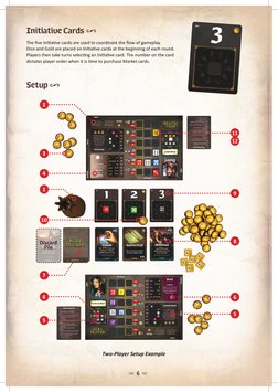 -  6  ,
Initiative Cards
Setup v
The five Initiative cards are used to coordinate the flow of gameplay.  
Dice and Gold are p
