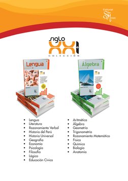 •
Aritmética
•
Álgebra
•
Geometría
•
Trigonometría
•
Razonamiento Matemático
•
Física
•
Química
•
Biología
•
Anatomía
•
Lengu