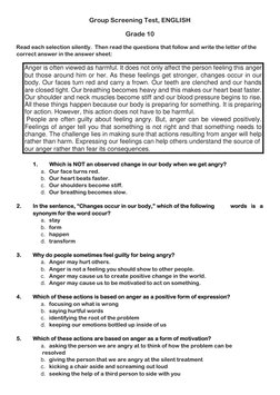 Grade 10 English Group Screening Test | PDF | Anger | Pain