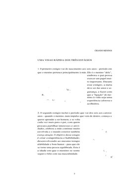 CRIANDO MENINOS
UMA VISAO RÁPIDA DOS TRÊS ESTÁGIOS
1. 0 primeiro estágio vai do nascimento aos seis anos - período em
que o m